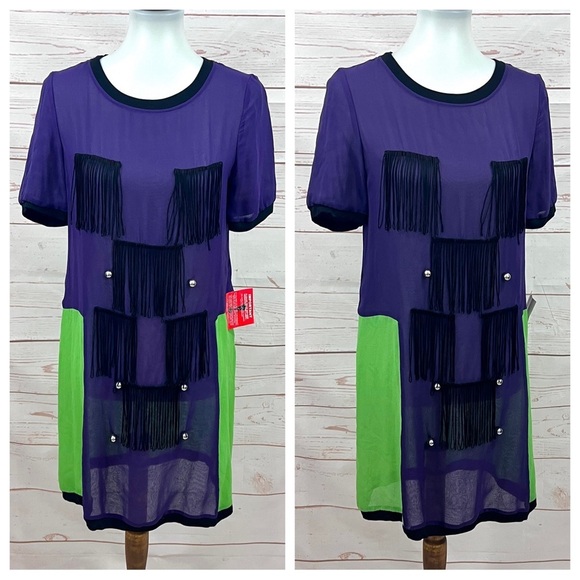 NWT Asos x Louise Gray London UK Sheer Colorblock Mod Fringe Silk Shift Dress - Picture 2 of 16